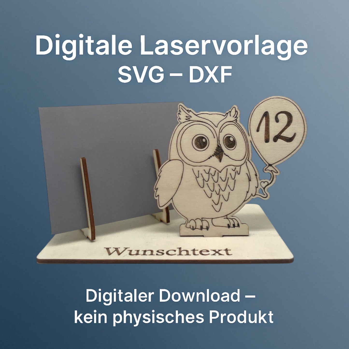 SVG DXF Laserdateien – Eule mit Schild – Vorlage für Laserschneider – Gutscheinverpackung