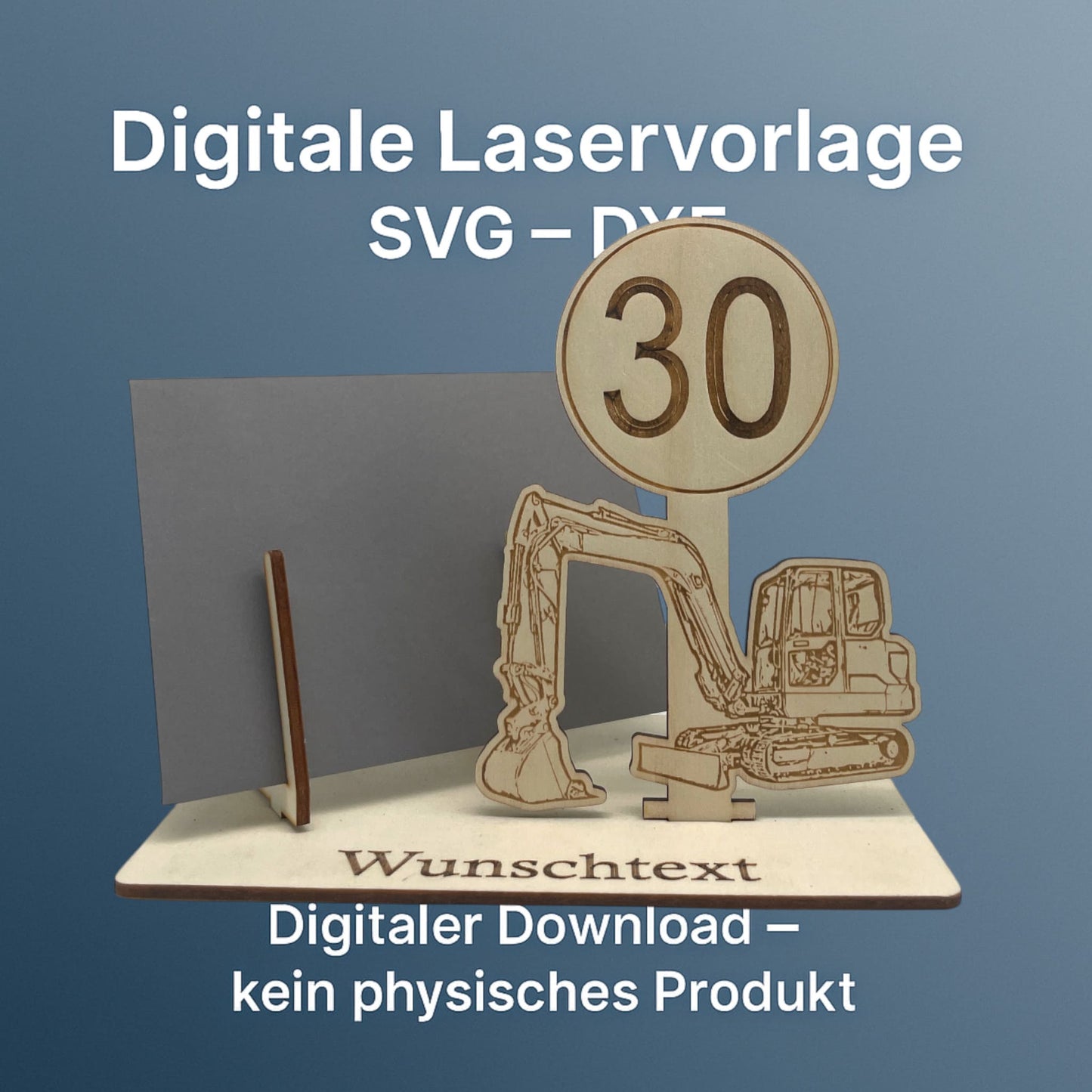 SVG DXF Laserdateien – Bagger mit Schild – Vorlage für Laserschneider – Gutscheinverpackung