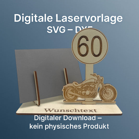 SVG DXF Laserdateien – Motorrad mit Schild – Vorlage für Laserschneider – Gutscheinverpackung