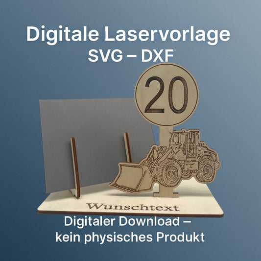 SVG DXF Laserdateien – Radlader mit Schild – Vorlage für Laserschneider – Gutscheinverpackung