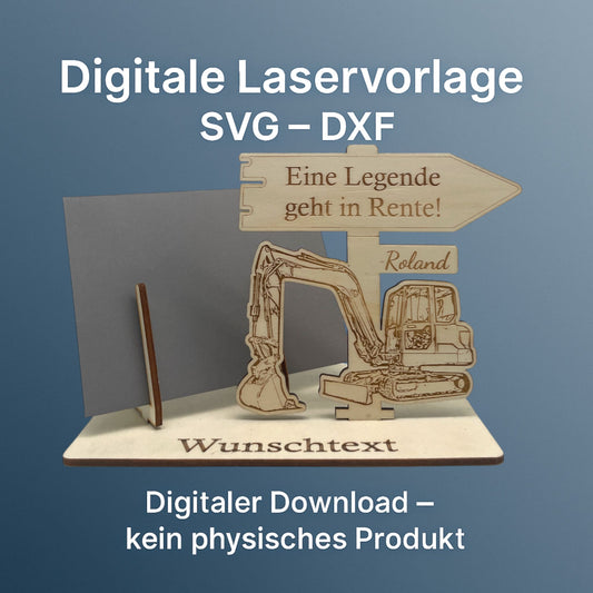 SVG DXF Laserdateien – Wegweiser Bagger – Vorlage für Laserschneider – Gutscheinverpackung